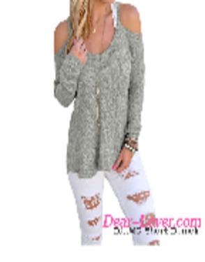 Dear-lover Gray Cold Shoulder Knit Long Sleeves Sweater