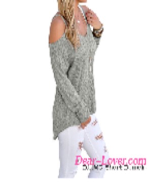 Dear-lover Gray Cold Shoulder Knit Long Sleeves Sweater