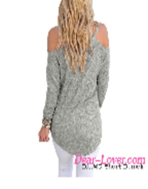Dear-lover Gray Cold Shoulder Knit Long Sleeves Sweater