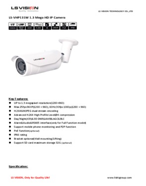 LS Vision 1.3 Megapixel Varifocal Lens IR Cut Waterproof IP Bullet Camera (VHP131W)