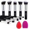 BEAKEY Makeup Brush Set, Premium Synthetic Kabuki Foundation Face Powder Blush Eyeshadow Brushes Makeup Brush Kit with Blender Sponge and Brush Cleaner (10+2pcs, Black/Silver)