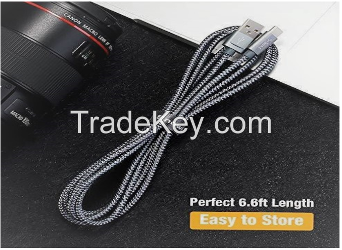  USB A to USB C 3amp Fast Charging Cord  (2 Meter 6.6FT) Nylon Braided with Tie StrapCompatible with all Android & Typ-C Supported Mobile Phones Charging & Data Transfer Cable
