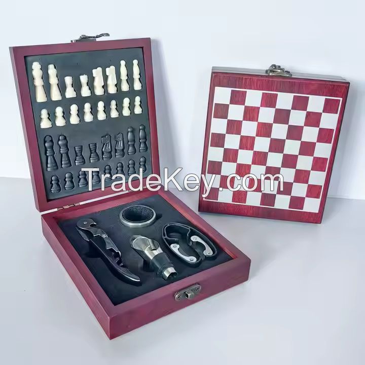 High Quality Stainless Steel Bottle Opener Kit Chessboard Opener with Chess Wooden Box Gift Box Bar Set