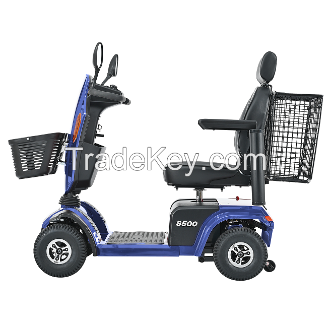 PSS500-W429P151651 disabled four-wheel mobile electric scooter.  Blue 24V / 500 W 12 km/h mobility scooter.  Foldable travel portable mobility scooter, medium-sized motorcycle