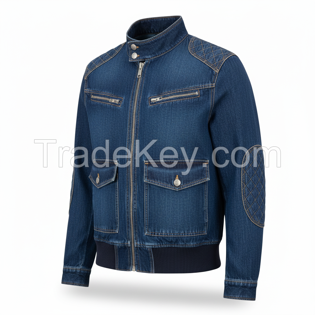 Wholesale Denim Cafe Racer Jacket Mens Biker Style Quilted Shoulder Supply