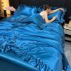 Blue Rose Red Silk Like Satin Bedding Set Queen Duvet Cover Set Luxury Soft Comforter Cover Bedroom Decor Chic Luxurious Silky Bedspread Cover Zipper 