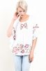 Off White Rayon Floral Embroidery Peasant Top w/ Pleats Details