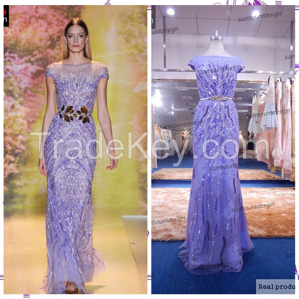 Fashion Design Lavender Color Cap Sleeve Full Beaded Zuhair Murad Evening Dresses 2014