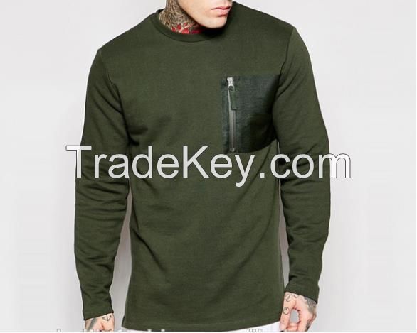 mens clothing wholesale crew neck zip chest pocket longline sweatshirt