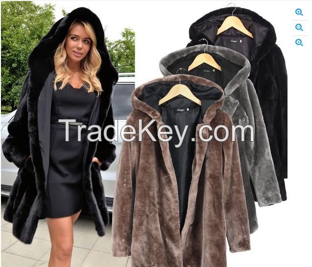 2016 New Fashion Elegant Women Winter Casual Parka Faux Fur Jacket Coat with Hoodie -9021