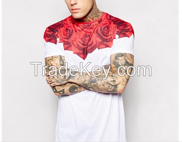 men clothing rose print neck joker shirt mens oem 100% cotton curved hem t shirt 2015 male long shirts