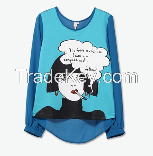 Cool Printing 100 Cotton Long Sleeve Blue Tshirt For Girls