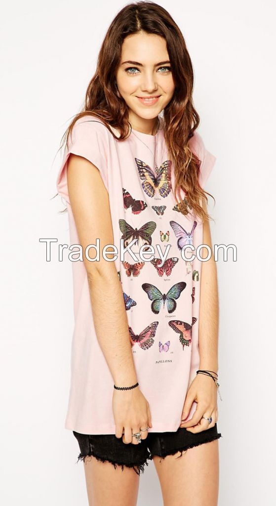 custom made clothing turn-up short sleeve lady t-shirt design with print butterfly