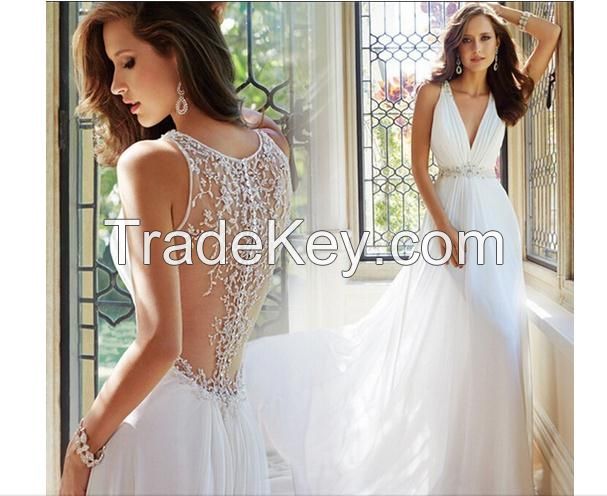 Made In China Luxury Beaded Straps Sheer Back A-Line Chiffon Bridal Wedding Dresses