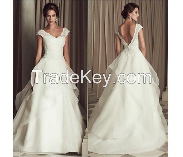 Fashion Design V Neck Embroidery Organza Sexy Backless Simple Bridal Wedding Dress