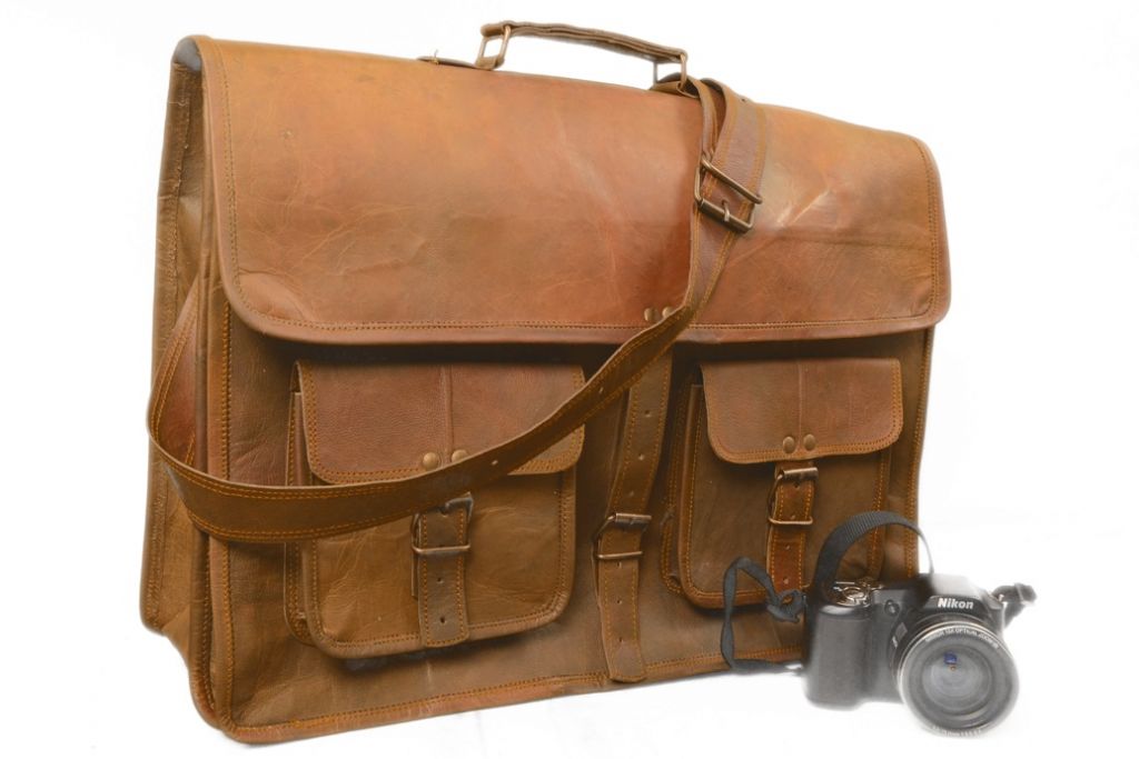 Real Vintage Leather Messenger Laptop Computer Briefcase Bag 16 Inch Brown