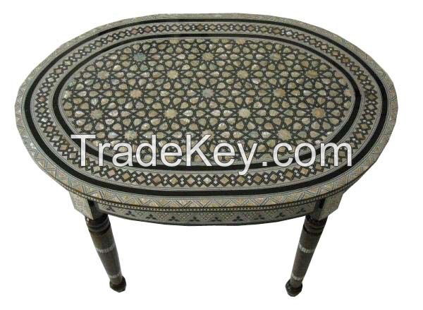 Egyptian Mother of Pearl Inlaid Wood Oval Coffee Table