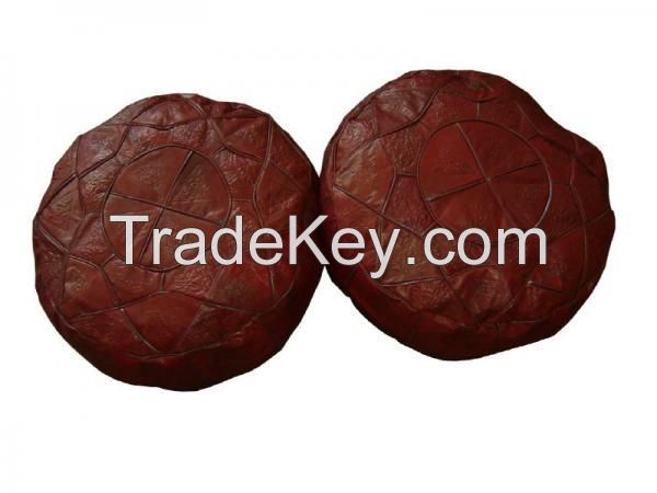 2 Embossed Moroccan Leather Poufs Footstool