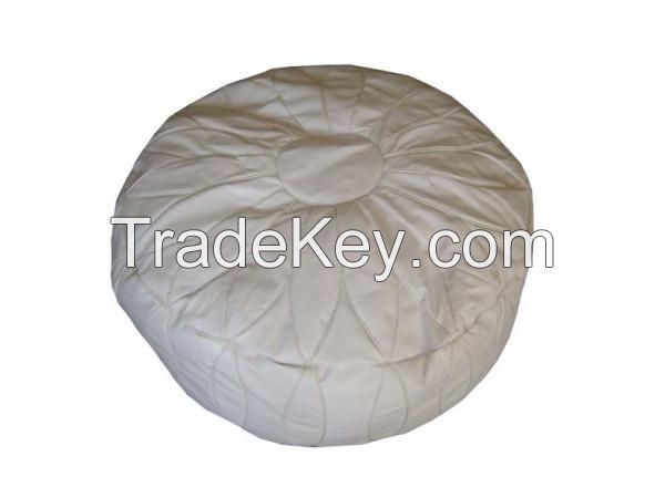 Moroccan White Leather Pouf Footstool- 32"