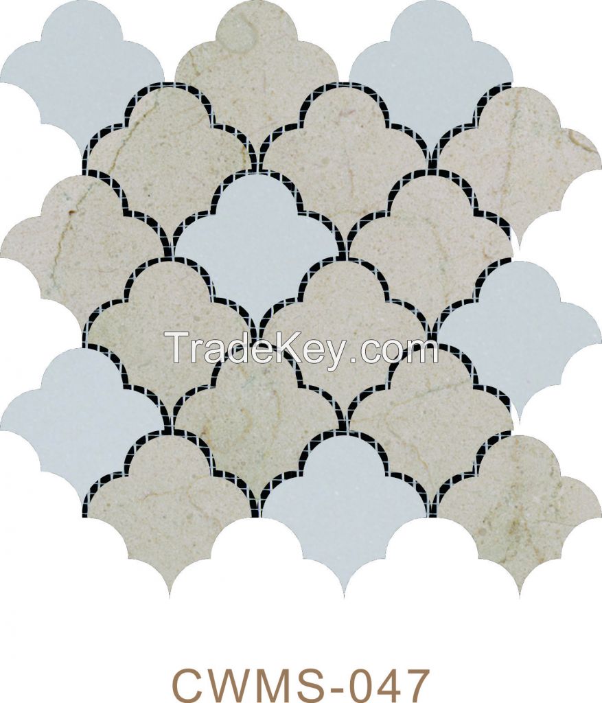 Carrara White and Crema Marfil Marble Fan shape Water jet Tile Mosaic