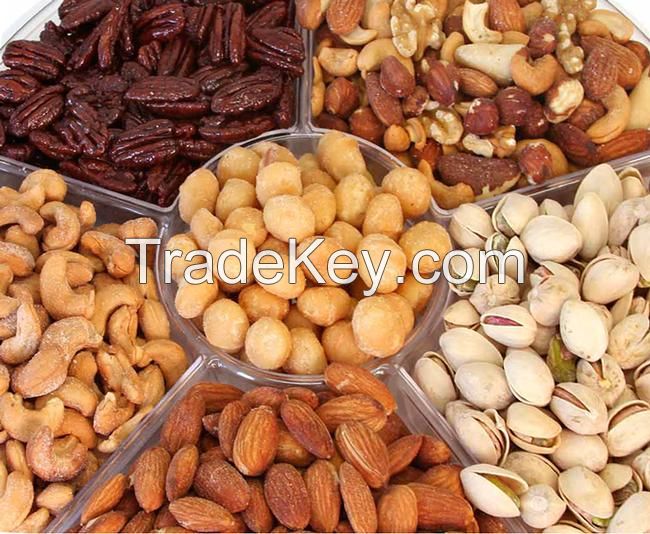 cashew nuts, Almond nuts, Pistachios, Brazil nuts, Hazel nuts , mecadamia nuts