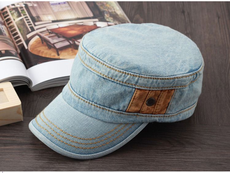 Flat Top Short Bill Cotton Denim Washed Military Cap