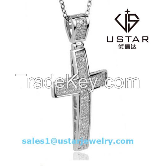 Ustar Jewlery Studded Cross Pendant S925 Silver Necklace