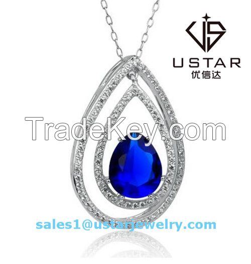 New Fashion Jewelry Silver Plated Drop Pendant Necklace with Blue Zircon