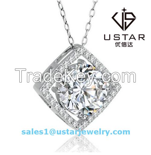 Ustar Jewelry Fashion Silve Chain Studded Square Circle Pendant Necklace with Big Zircon