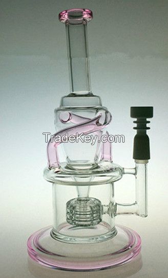hand blown glass recycler pipe with showerhead perc with pink ring