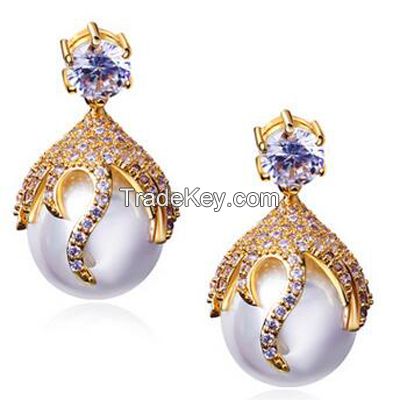 sterling silver latest design pearls earrings with 20K yellow gold plating