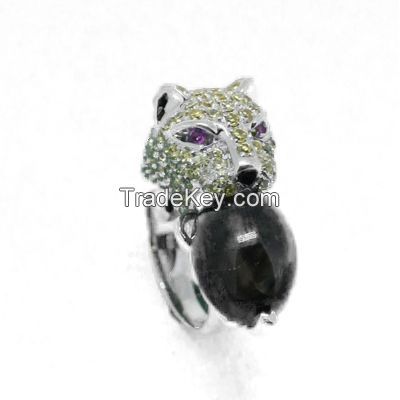 tiger ring set with onyx and CZ white rhodium plating