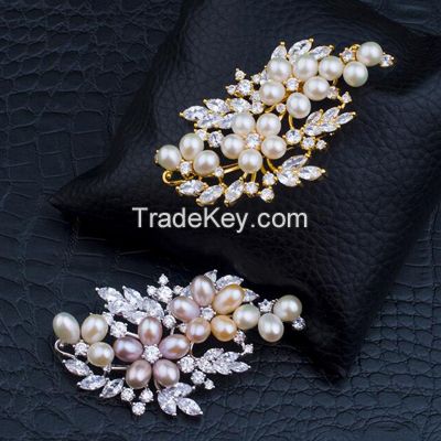 pearls and CZ pendants/brooches with 14K gold plating