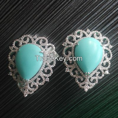 turquoise stone and tiny white CZ earrings with white rhodium plating