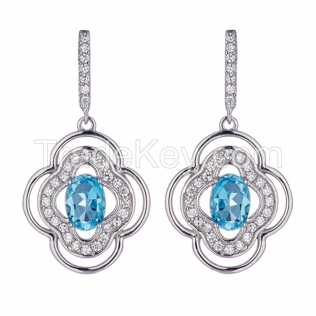 high quality hot sale sea blue CZ earrings, sterling silver or brass earrings