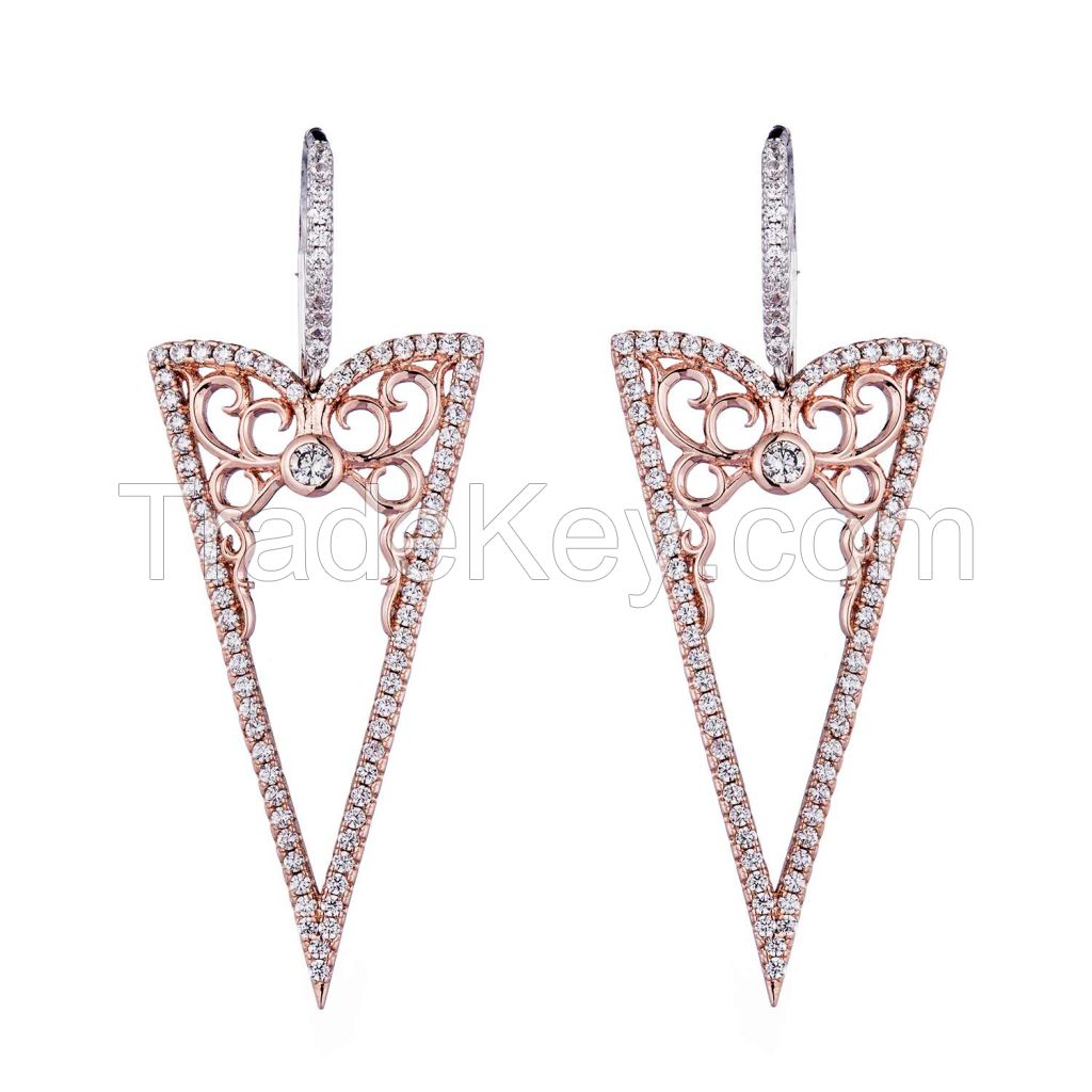 triangle-shaped earrings, white CZ with rose gold plating