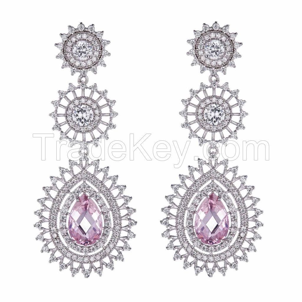 new style pink CZ earrings, with white rhodium plating