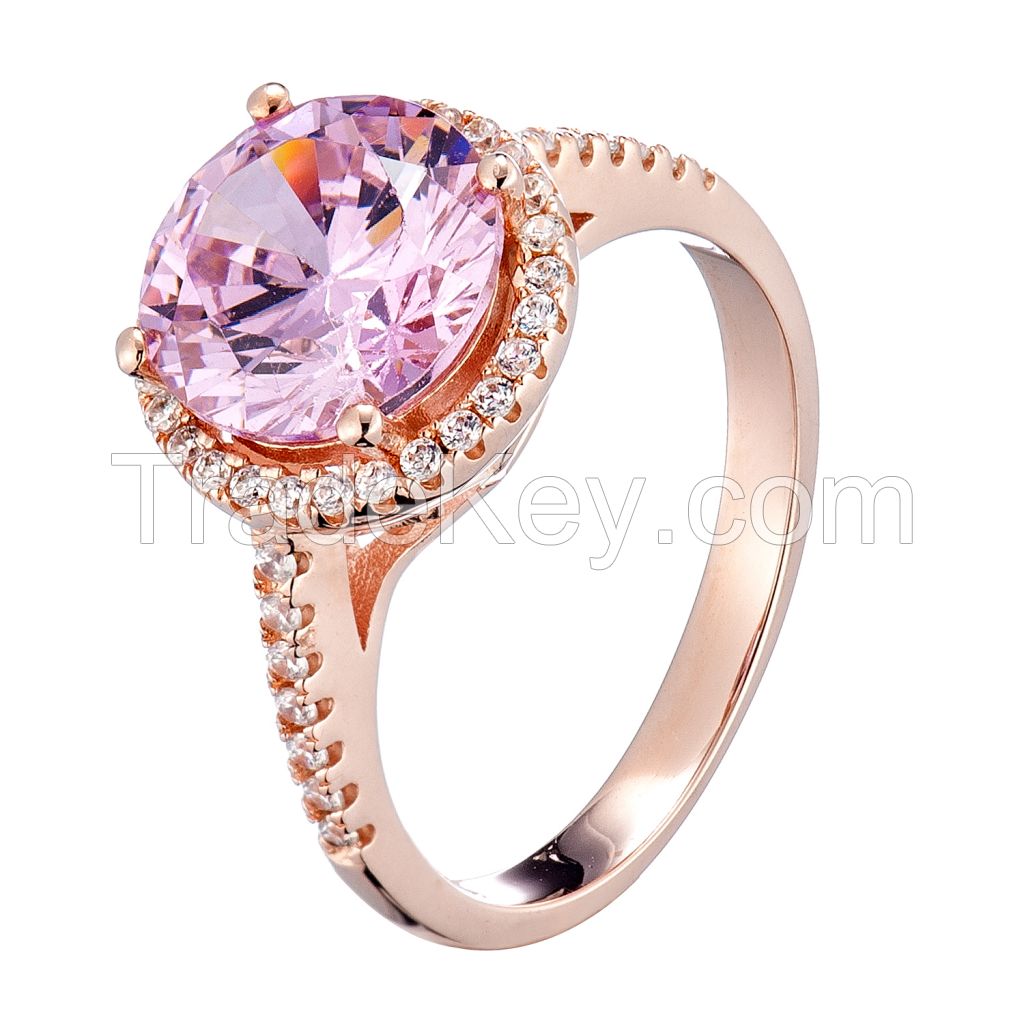 big pink CZ and tiny white CZ rings with rose gold plating wedding rings