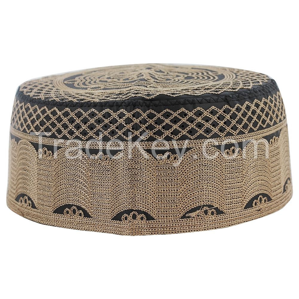 Cotton Brown Embroidery Muslim Prayer Mens Cap Kufi