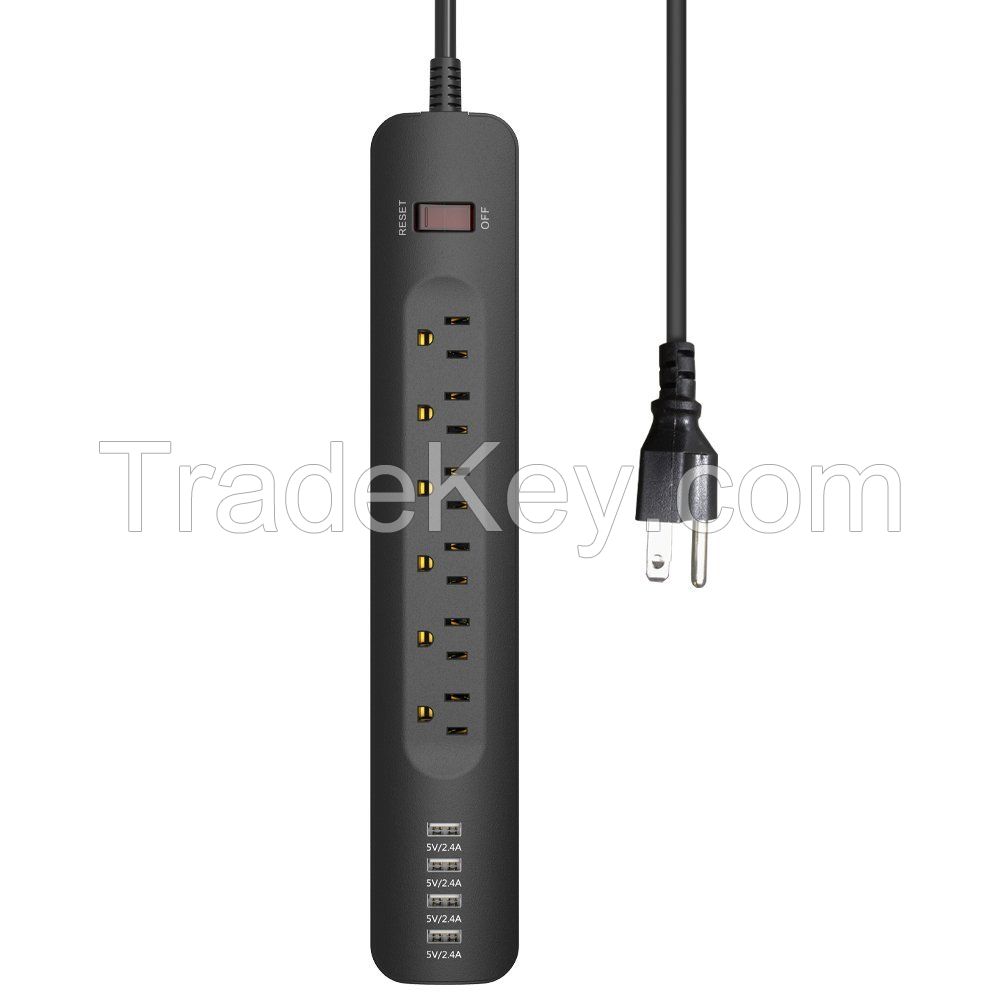 Black 6 Outlets Power Strip Safety Surge Protector 4 Ports USB Fast Charging Adapter