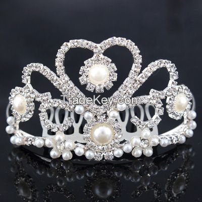 New Fashion Rhinestone Pearls hart heart comb, Hair crown and girls tiaras ornaments