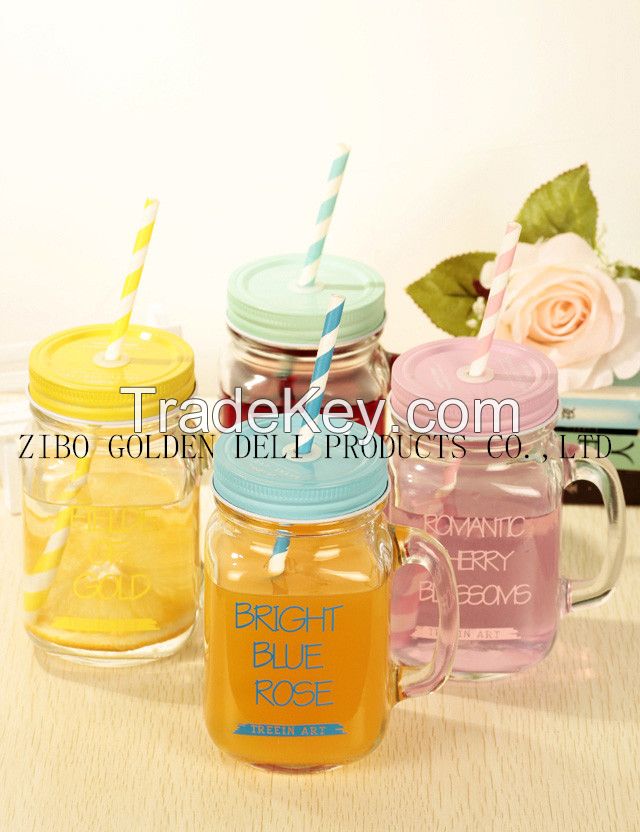 14oz footed multi colored glass mason jar juice jar for beverage without handle