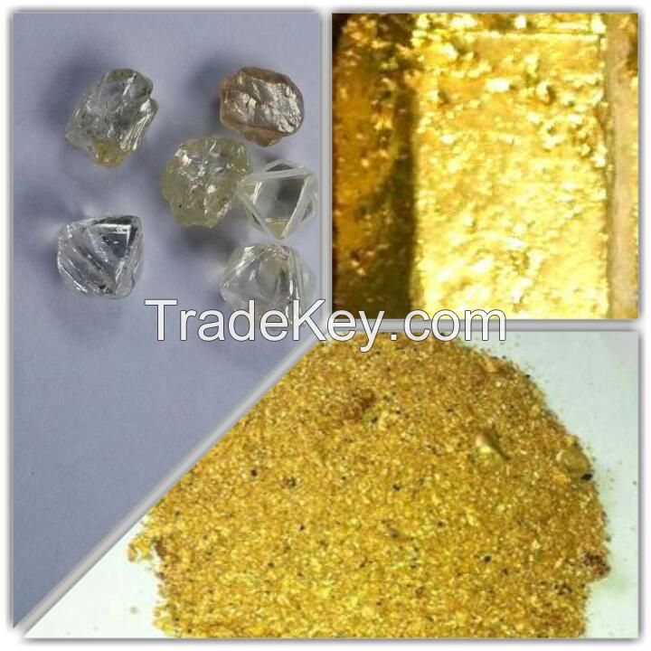 Rough Diamonds, Gold Nuggets, Gold Dust, Gold Bars, 