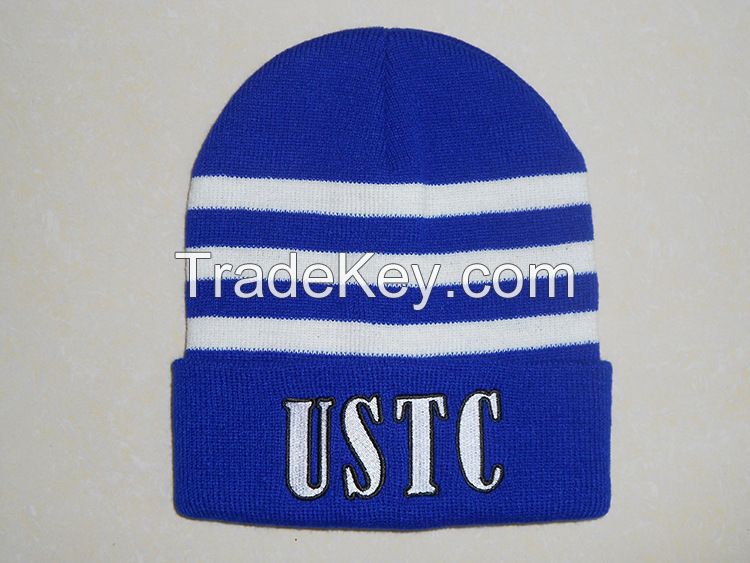 Custom Embroidery logo and Leather Patch Knitted Hat Acrylic Knit beanie