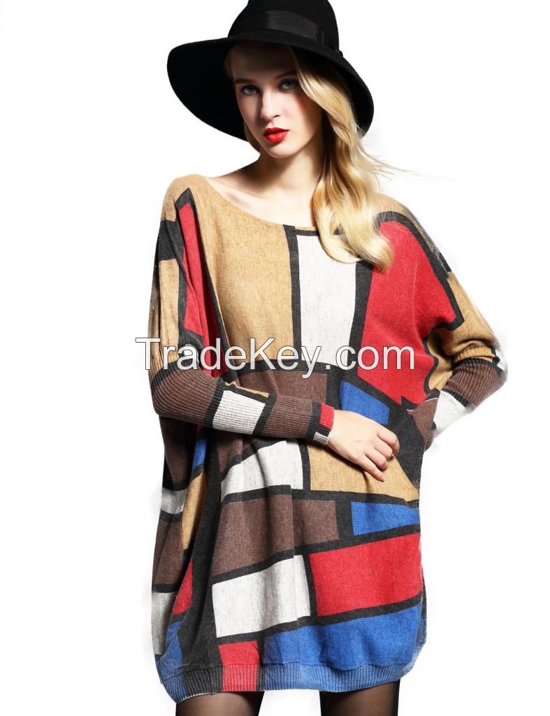 LATIKA Women Baggy Color-Block Knit Pullover Sweater Onesize