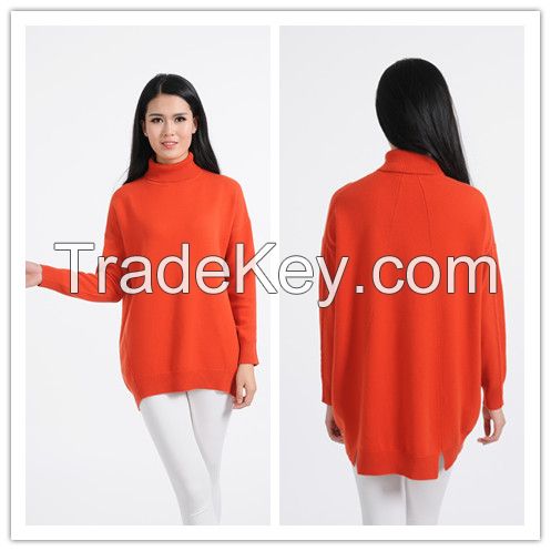 Woman's pure cashmere  high neck red color pullover long sweater