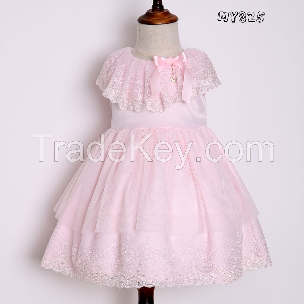 Custom young kids unique sleeveless pink color lace wedding dresses