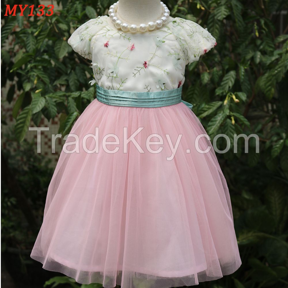 Embroidered long prom dress pink mesh puffy dress for teen girls