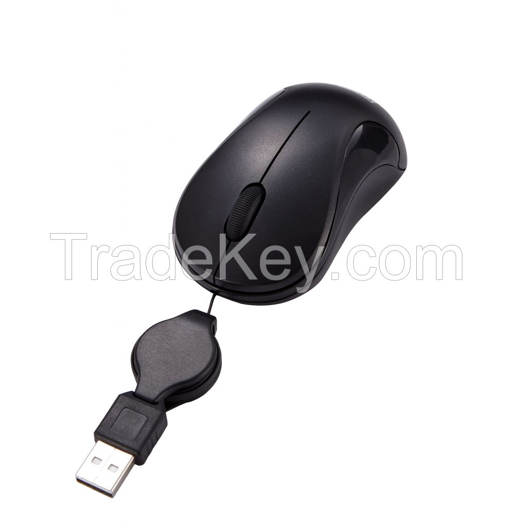 Computer Mini USB Wired Optical Mouse for Laptop with Retractable Cable