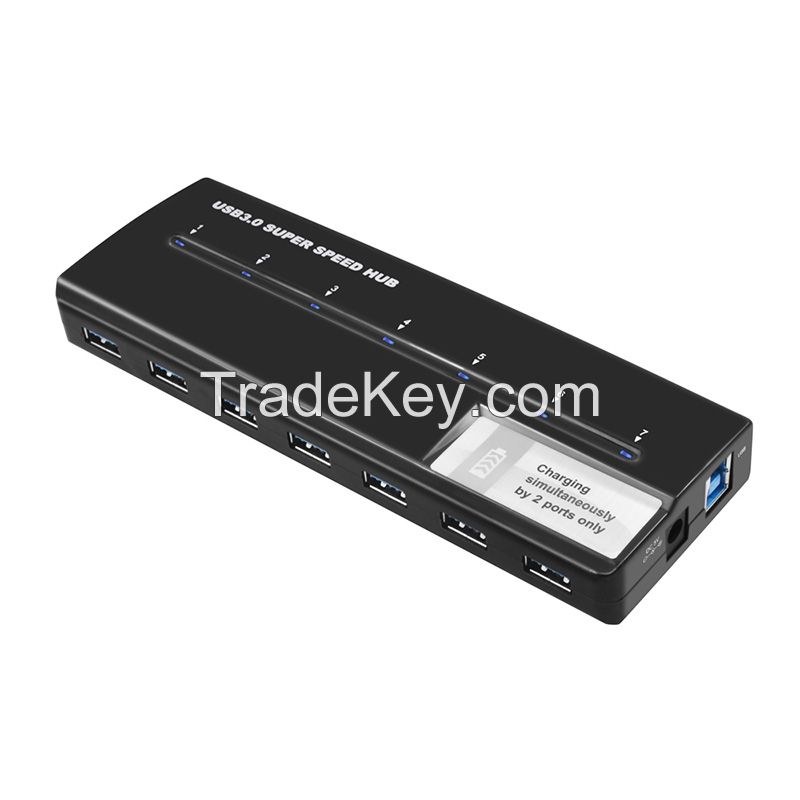 USB 3.0 7 Ports Hub with 12V/2A Power Adapter and 2 Ports with BC1.2 Charging